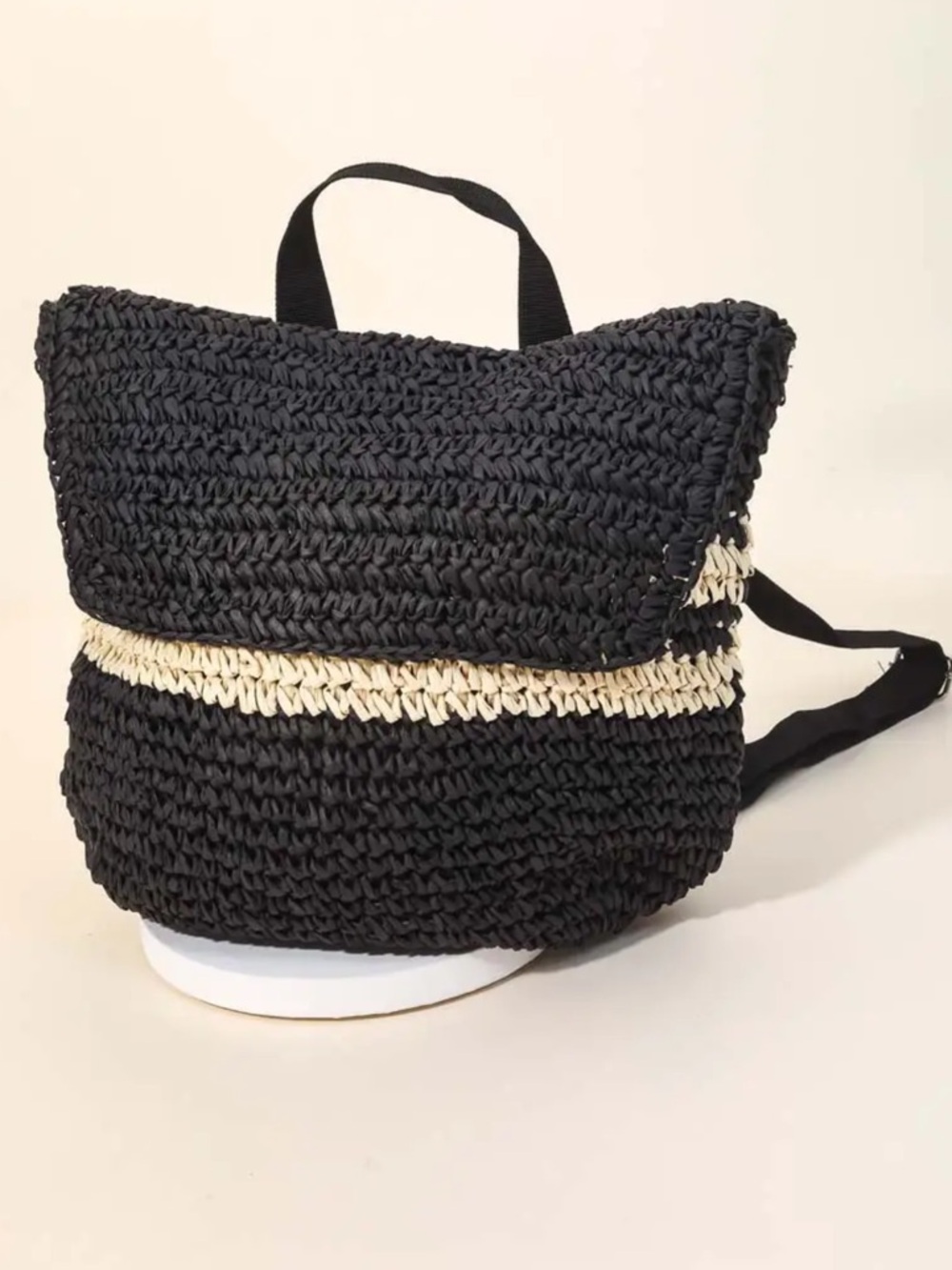 ShopEvelynne Black Woven Backpack with Cream Stripe